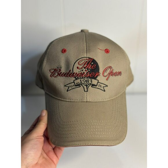 VTG 1983 Budweiser Open York PA Embroidered Baseball Cap Tan Red Hook Loop Back - Picture 1 of 9